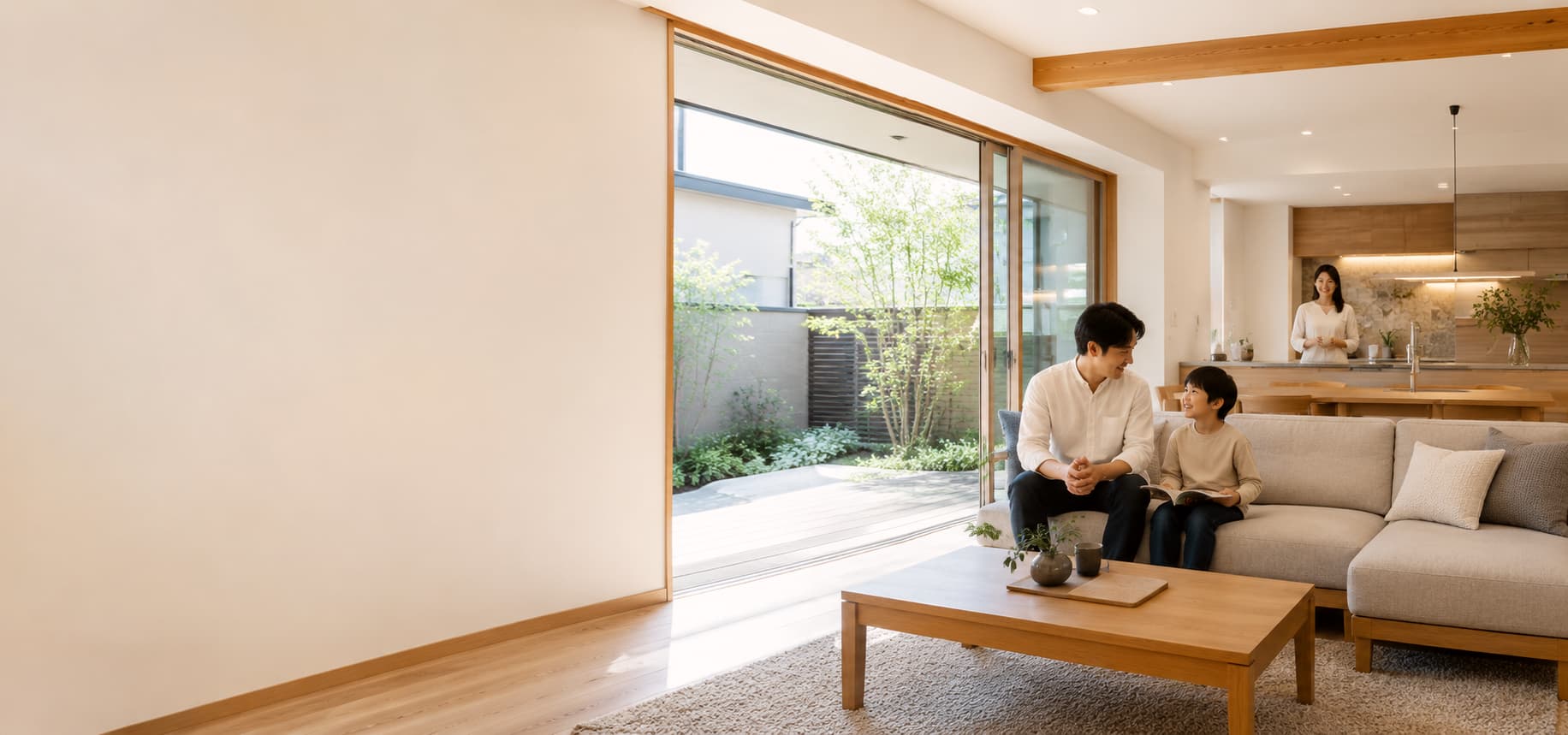無垢材の階段と吹き抜けのあるリビング