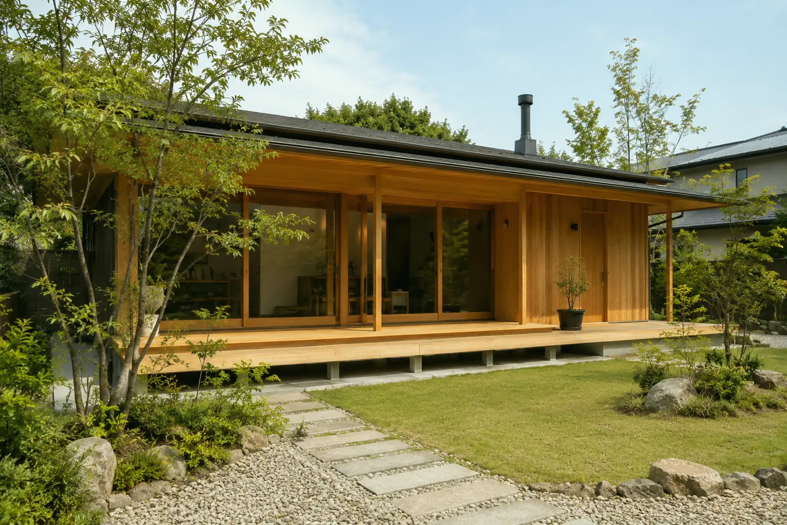 深い軒と縁側のある平屋の外観