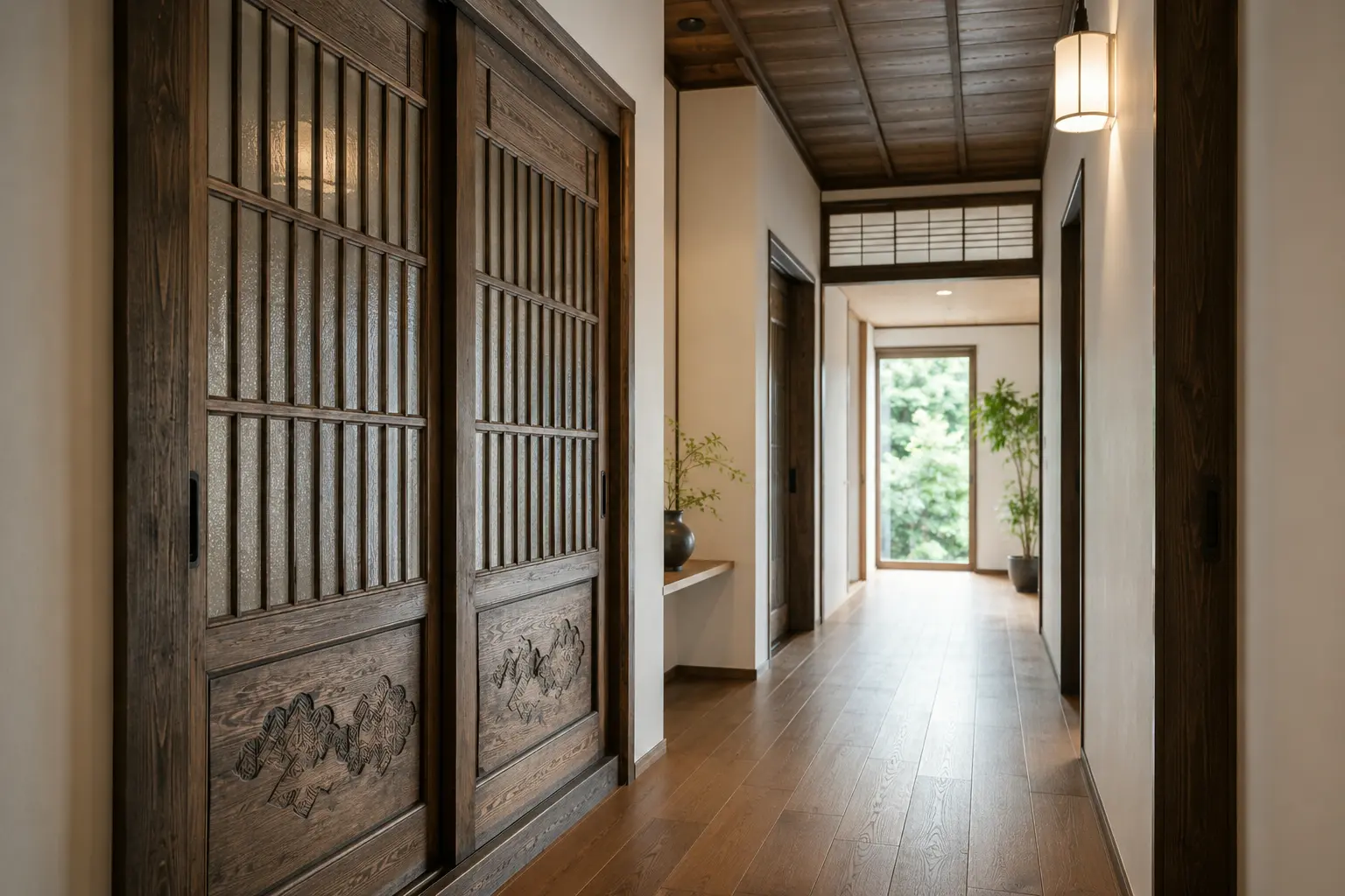 古い建具を再利用した廊下