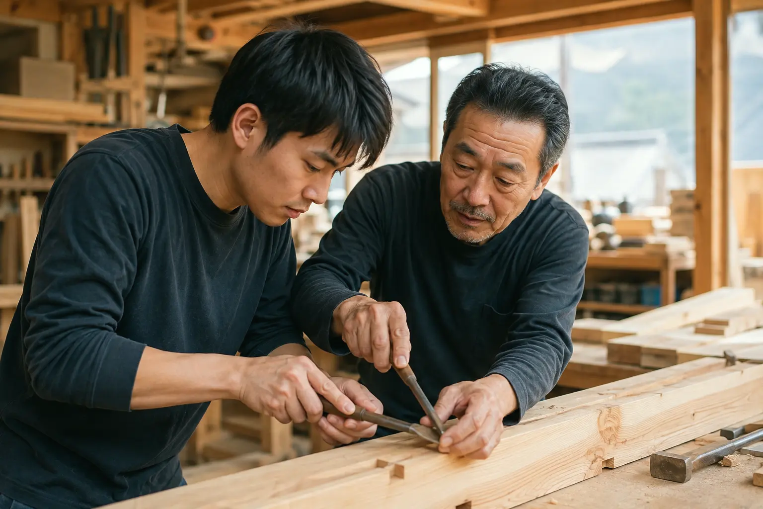 鉋をかける大工の手元