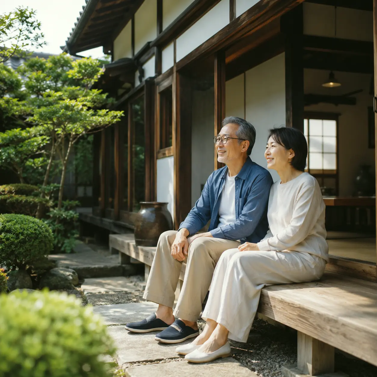 再生した古民家の縁側に座るご夫婦