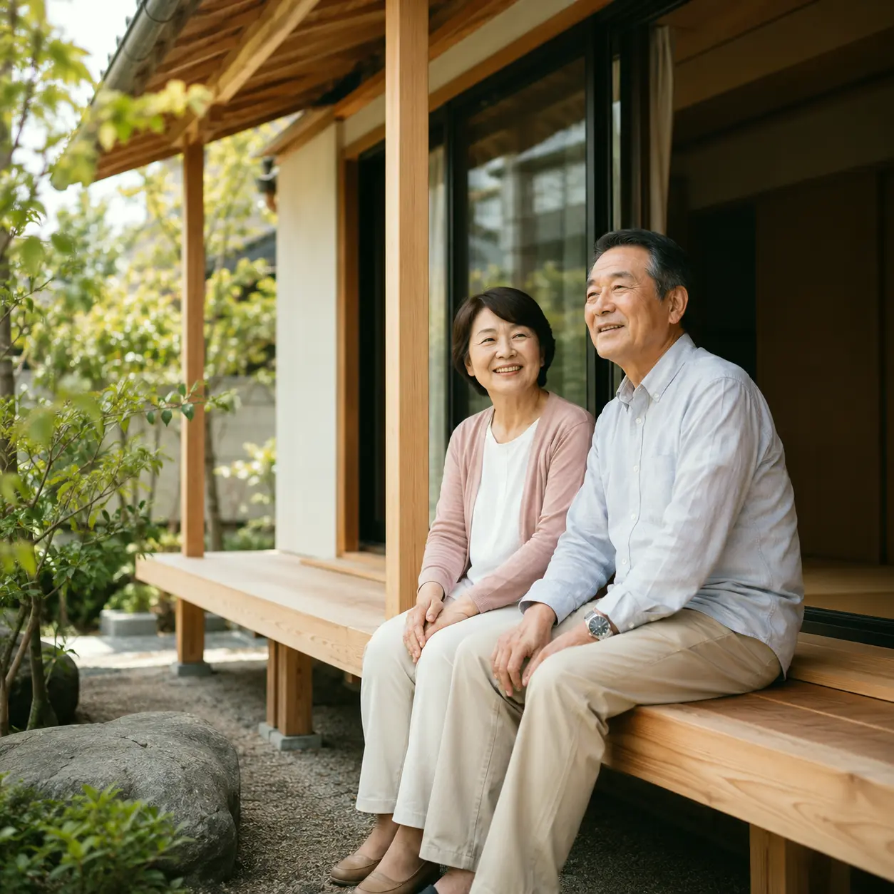 平屋の縁側でくつろぐご夫婦